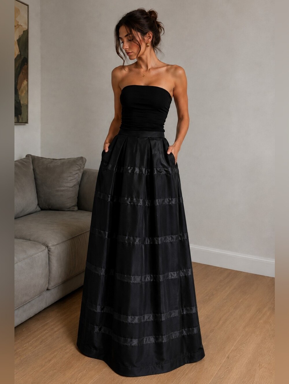 NWT Milly Black Pleated Satin-Stripe Maxi Skirt w/ Pockets Size 6